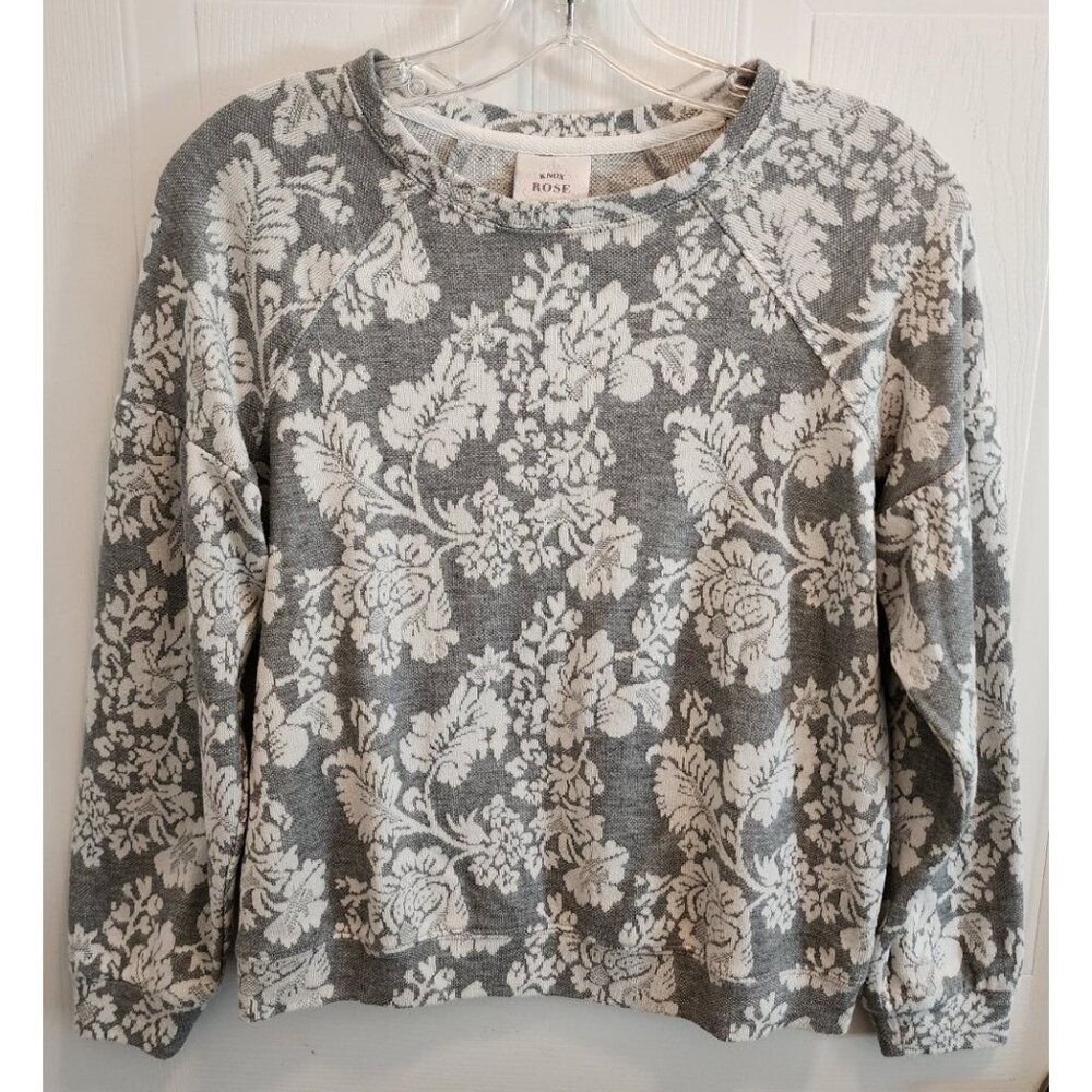 Knox Rose Crewneck Pullover Sweater Sweatshirt Gray/White Floral Overlay Size XS